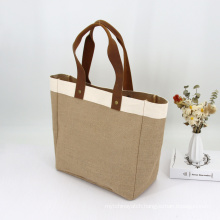 Wholesale Customized Logo Over size Eco Reusable Tote Burlap Jute Bag With Leather Handles